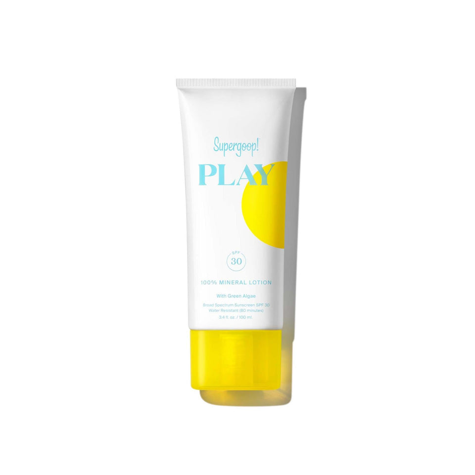Supergoop! PLAY front tube showing SPF 30, compact travel size benefit