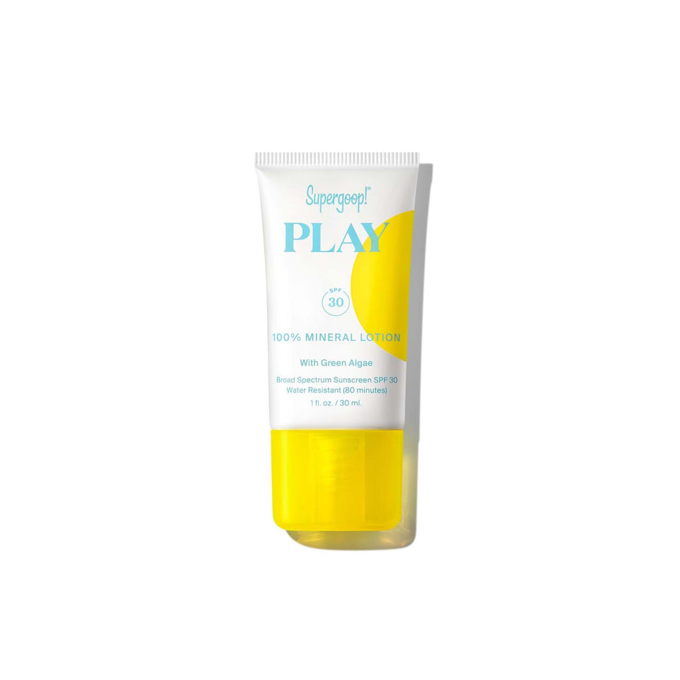Supergoop! front tube showing compact 1 fl oz packaging and travel convenience