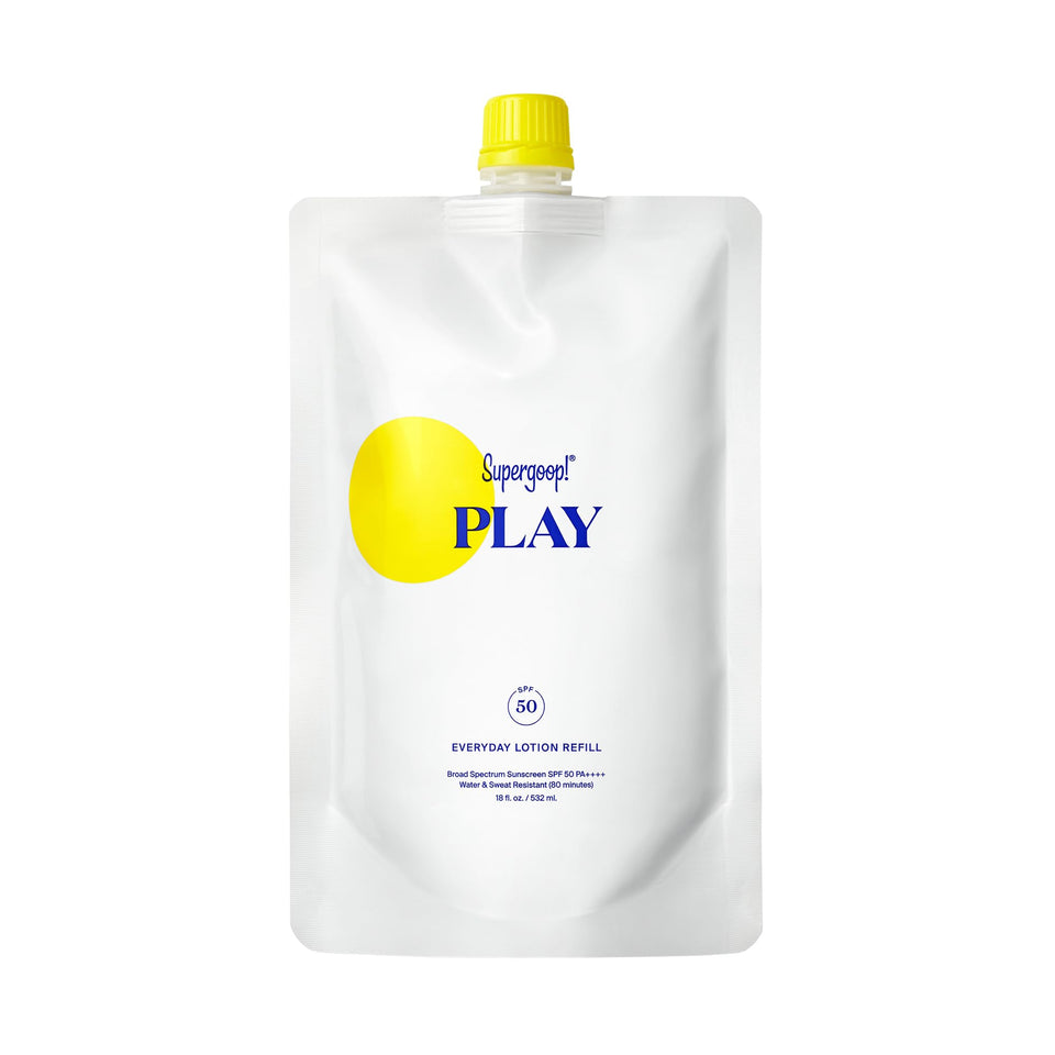Supergoop! refill pouch front view showing branding and size benefit