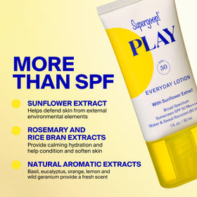 Supergoop! bottle next to common items showing size and portability benefits