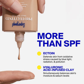 Supergoop! before and after split face showing evened skin tone benefit