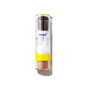 Supergoop! Deep front packaging showing compact and brush, travel-friendly protection