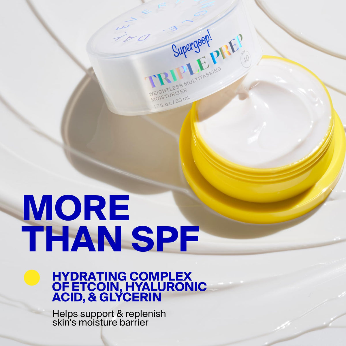 Supergoop! applied to skin to show hydration and non-greasy finish