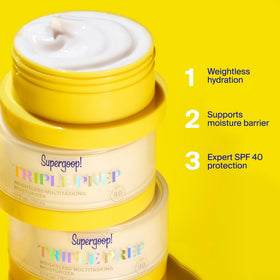 Supergoop! on a bathroom counter staged in morning routine lifestyle setting