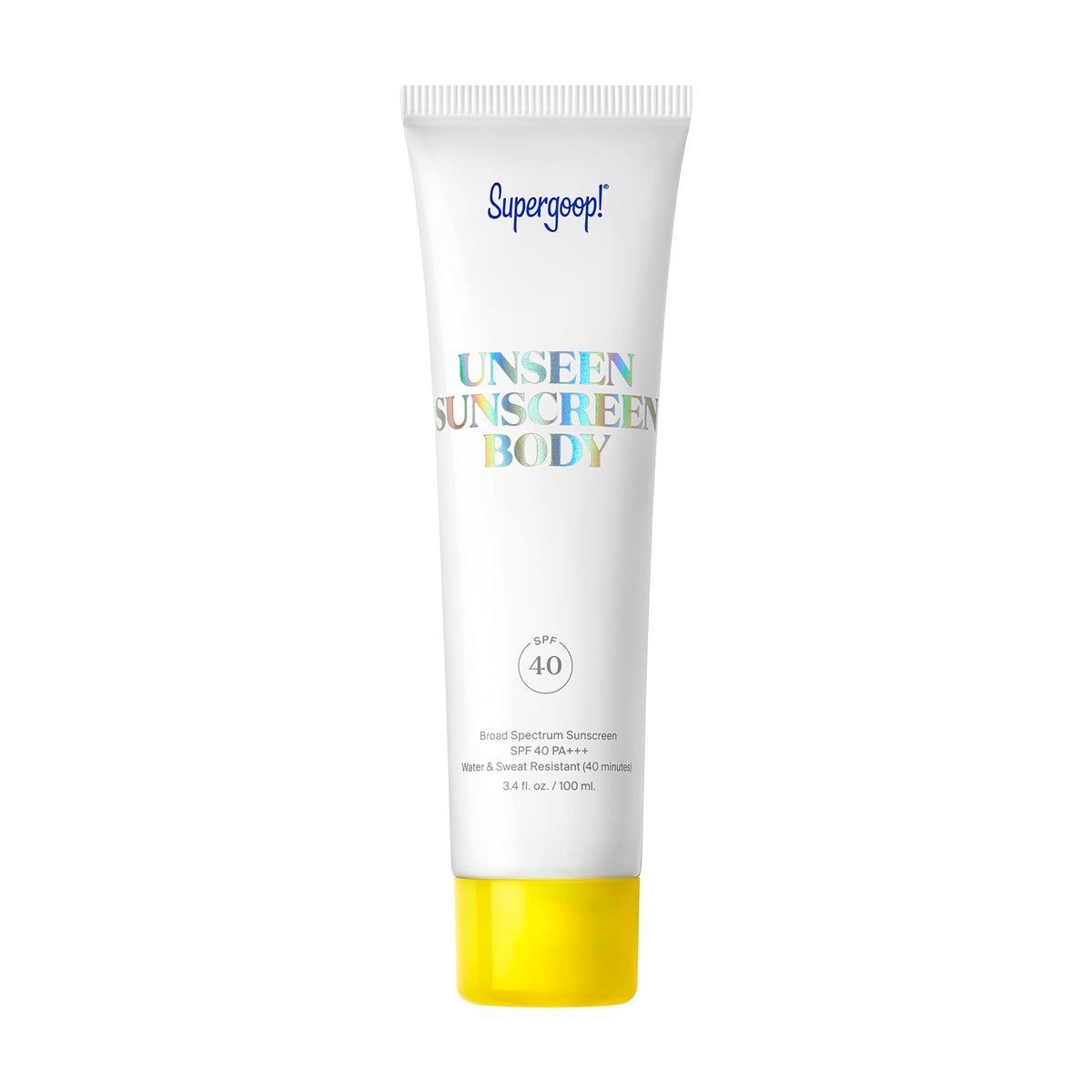 Supergoop! front packaging showing clear bottle and SPF 40 protection benefits