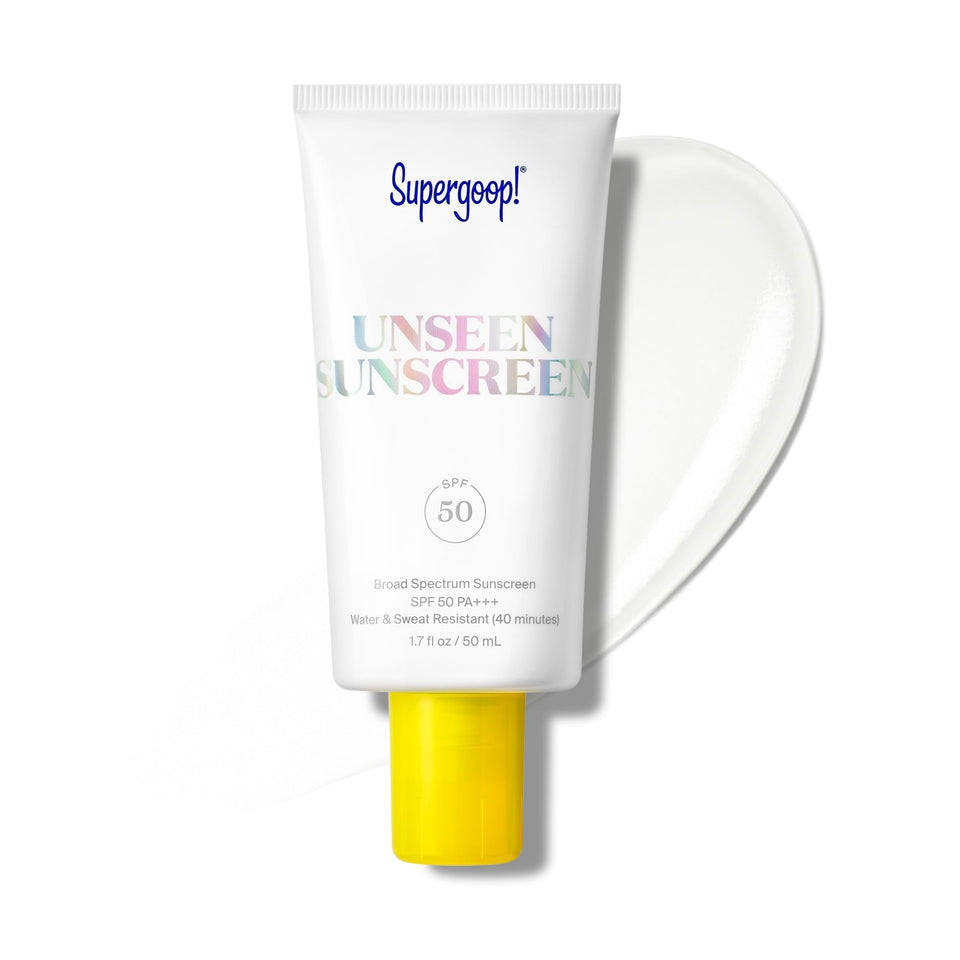 Supergoop! front packaging showing SPF 50 and clear finish benefit