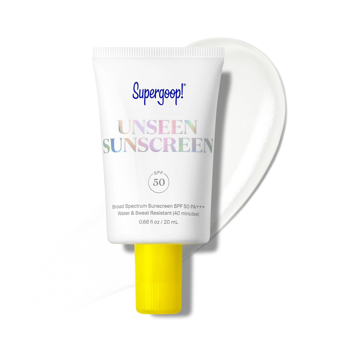 Supergoop! front packaging showing clear SPF 50 tube and benefit