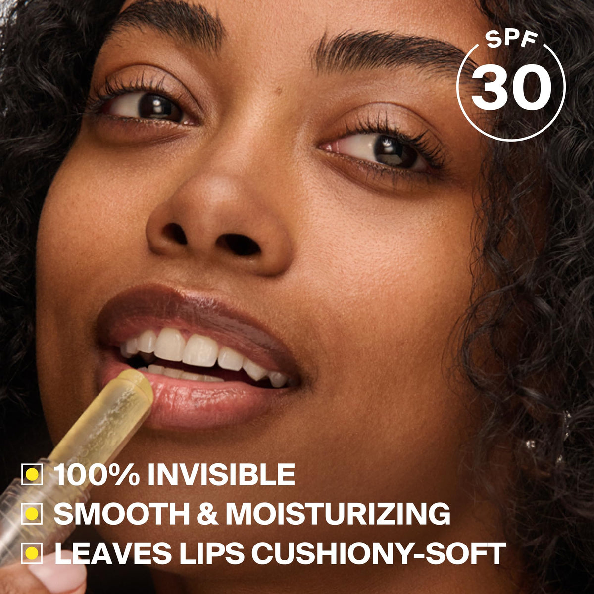 Supergoop! applied on lips demonstrating invisible finish and natural hydrated look