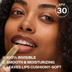 Supergoop! applied on lips demonstrating invisible finish and natural hydrated look