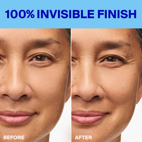 Supergoop! gliding over makeup demonstrating easy touch-ups with minimal transfer