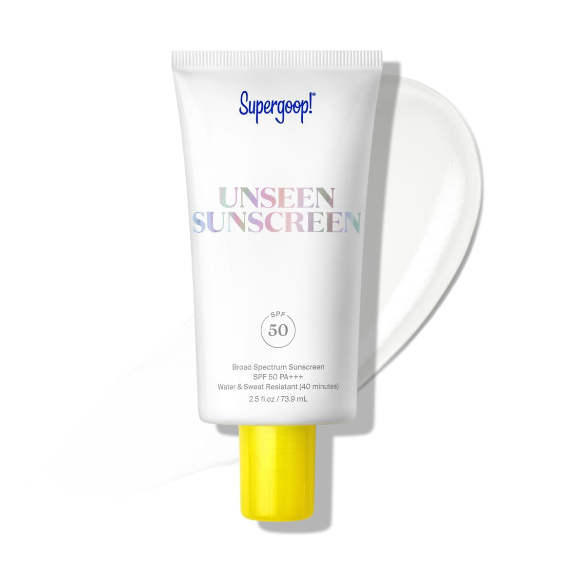 Supergoop! front tube showing clear sunscreen and brand for instant recognition and protection