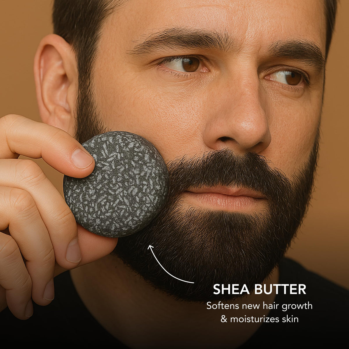 Superior Mane beard shampoo bar beside a razor showing scale and portability for travel and minimal storage
