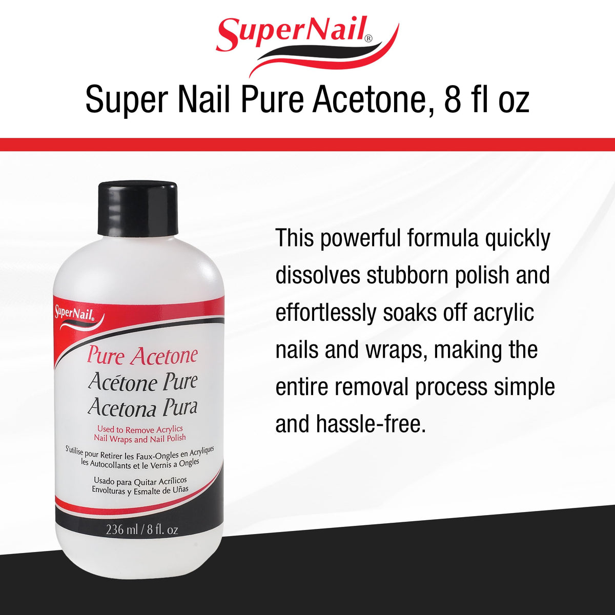 Close-up of SuperNail pure acetone liquid illustrating clear fast-acting formula