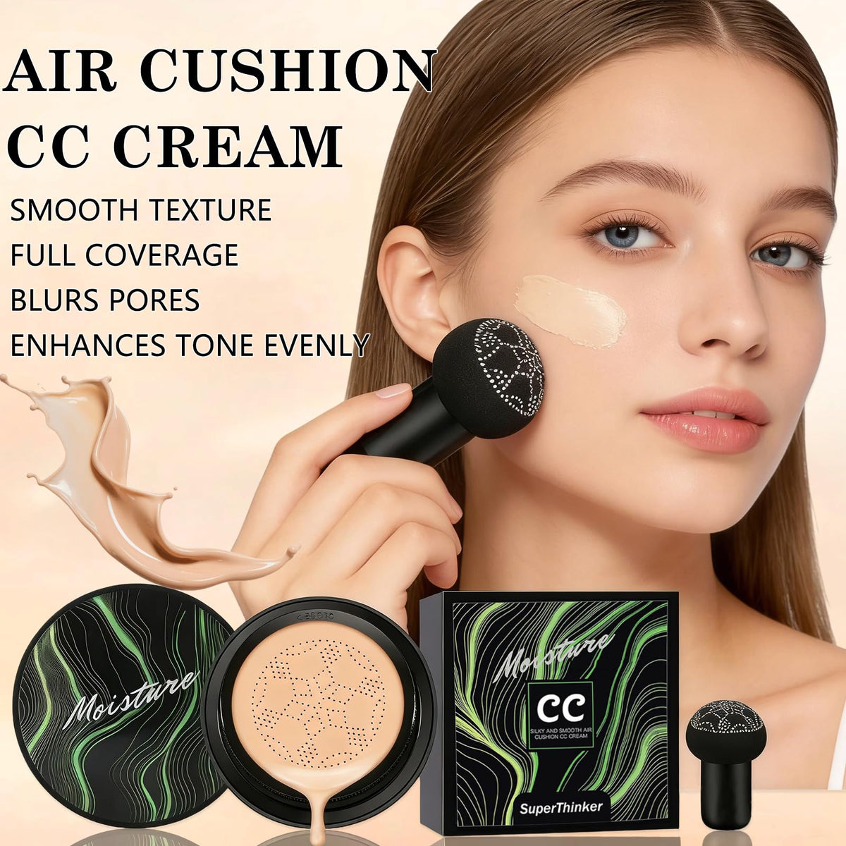 SuperThinker open compact with cushion exposed and sponge showing easy application benefit
