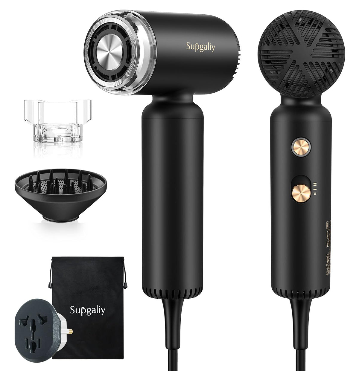 SUPGALIY hair dryer front view showing compact design and vents, ideal for travel