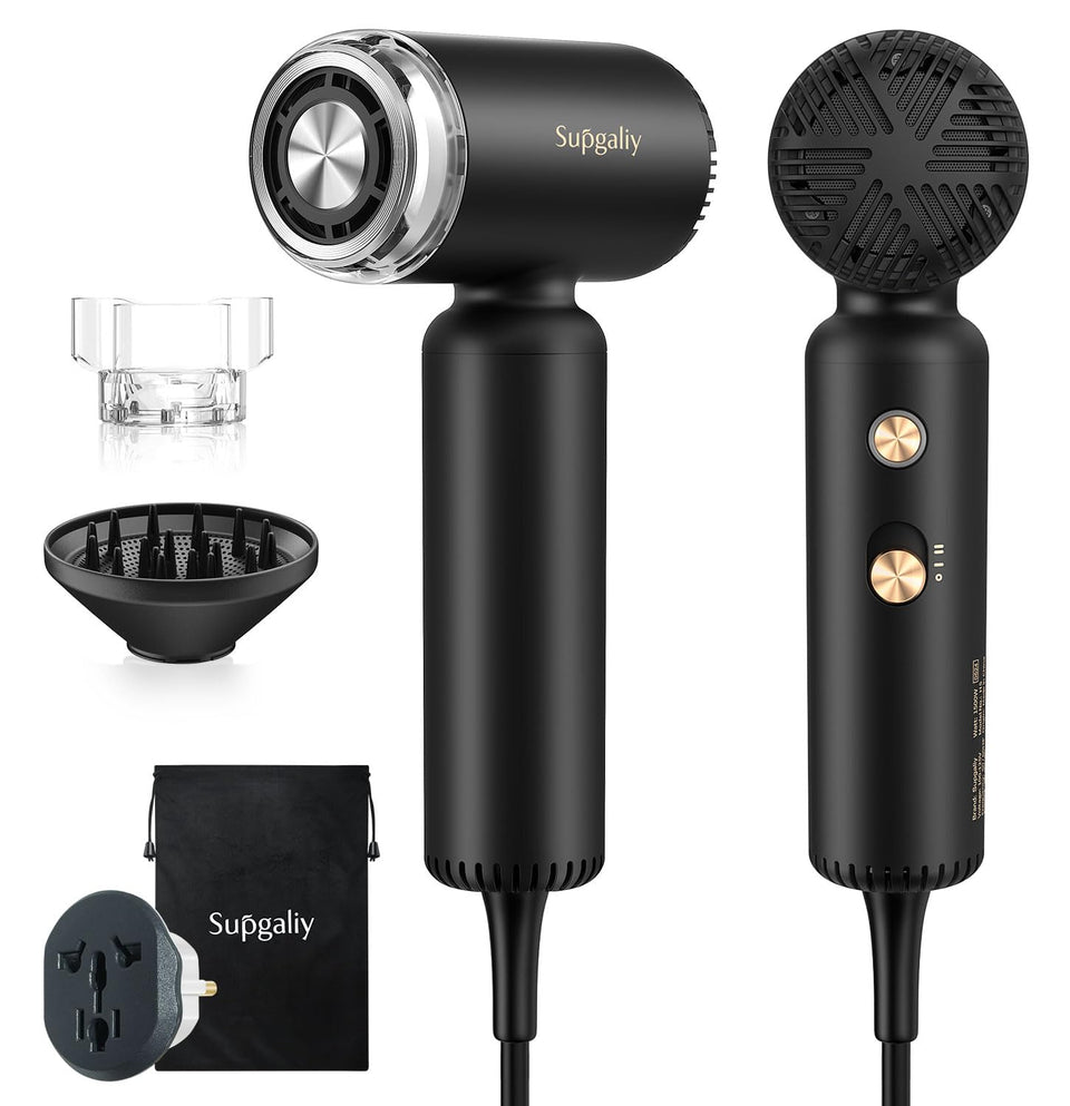 SUPGALIY hair dryer front view showing compact design and vents, ideal for travel