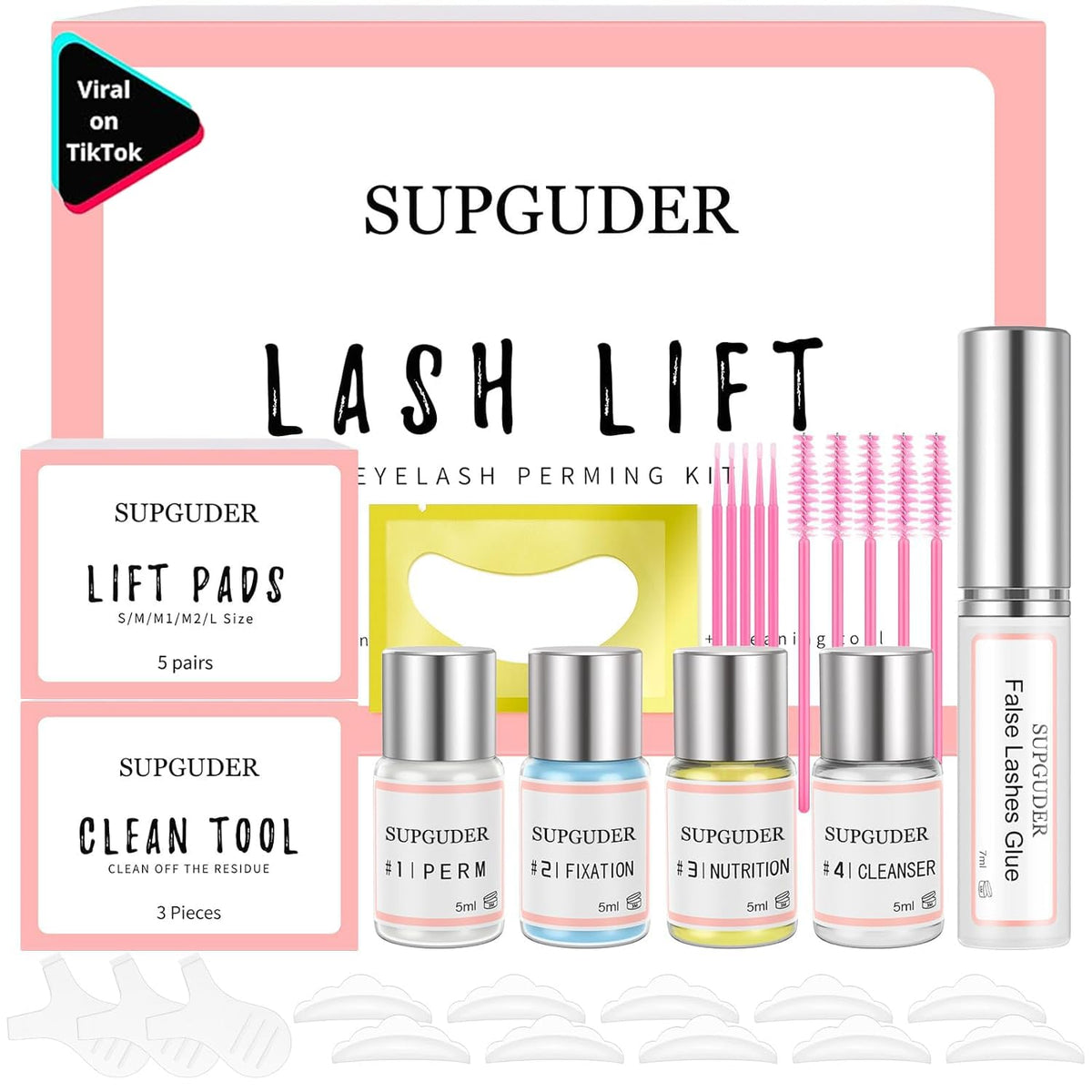 SUPGUDER front packaging showing full lash lift kit and contents benefit clarity