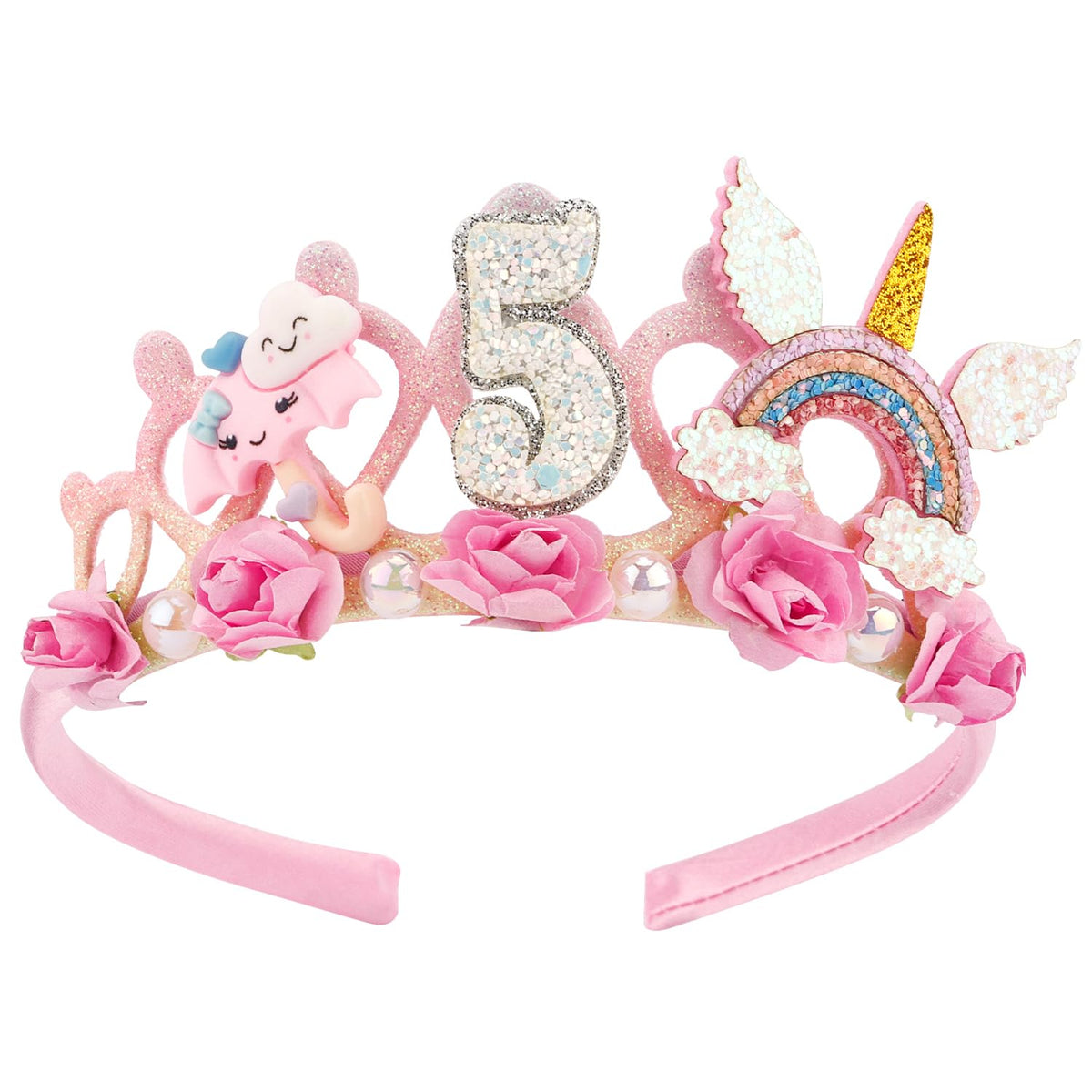 SuPoo front view pink flower crown showcasing cute party-ready design