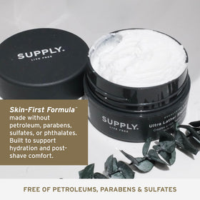 SUPPLY after-shave skin closeup showing hydrated, calmer skin
