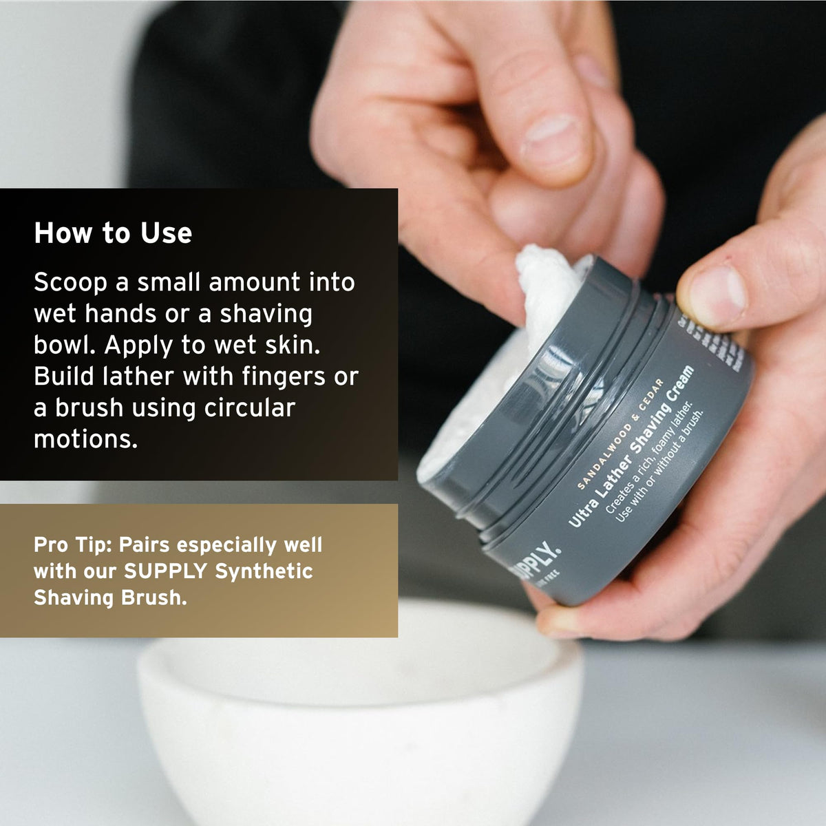 SUPPLY jar on bathroom counter in lifestyle scene, suggests daily grooming ritual