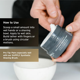 SUPPLY jar on bathroom counter in lifestyle scene, suggests daily grooming ritual