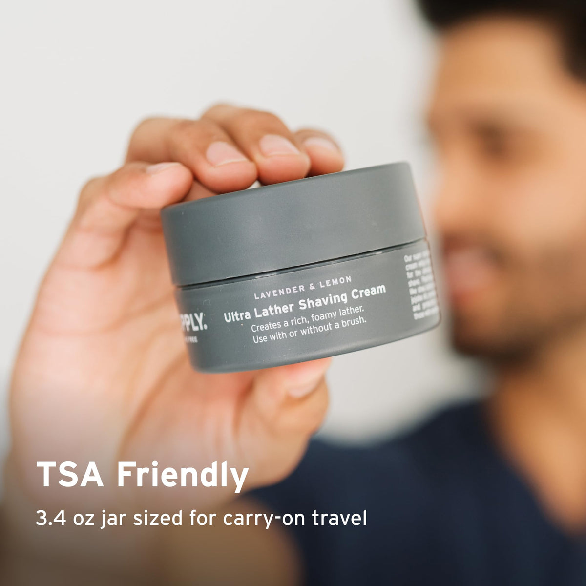 SUPPLY travel-ready 3.4 oz jar emphasizing TSA-friendly convenience