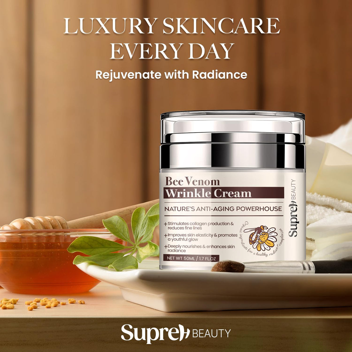 SupreH ingredient label close-up listing bee venom, hyaluronic acid and niacinamide benefits