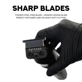 Supreme Trimmer close-up of DLC T-blade highlighting sharpness and smoother cuts