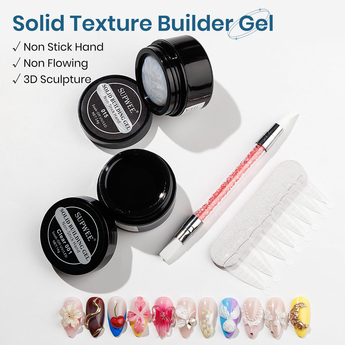 SUPWEE clear gel jar close-up showing non-sticky texture for precise sculpting
