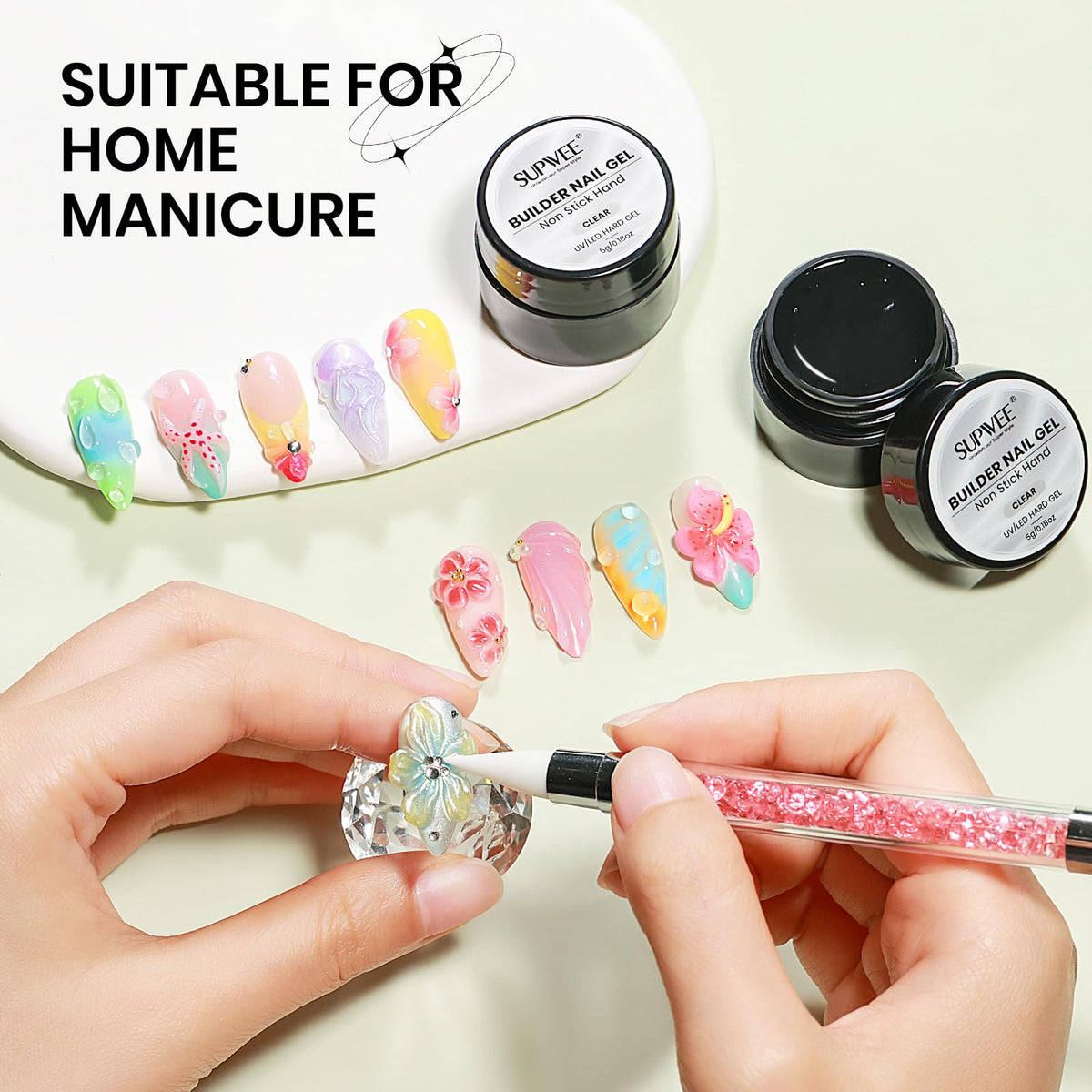 SUPWEE before-and-after nail extensions using the solid builder gel