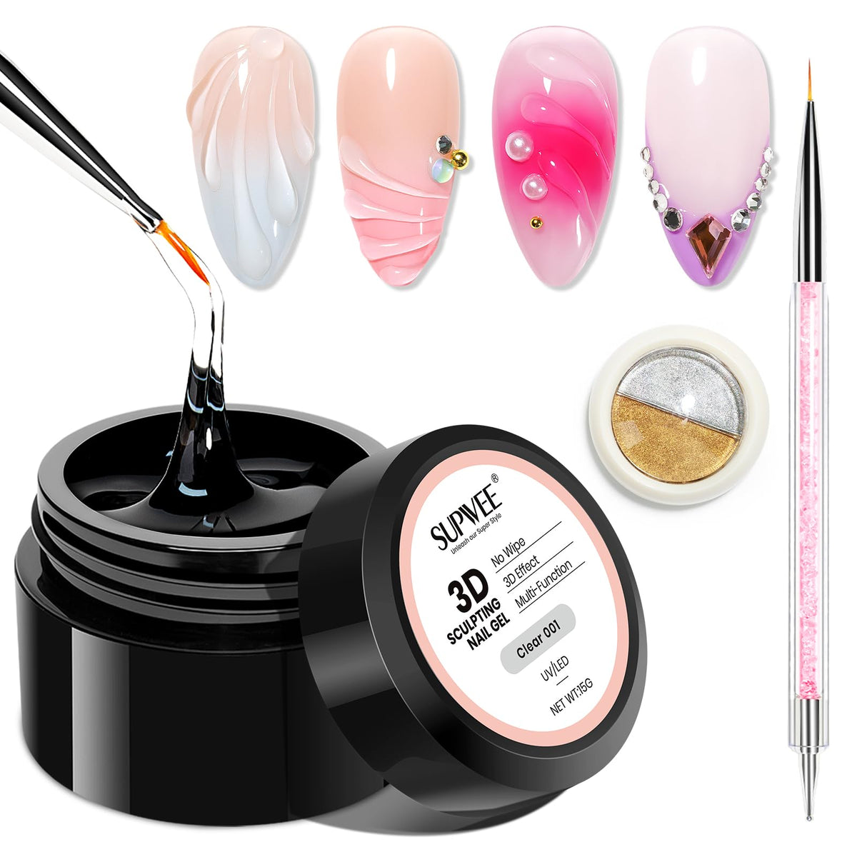 SUPWEE front packaging showing gel, powder and brush for versatile nail art