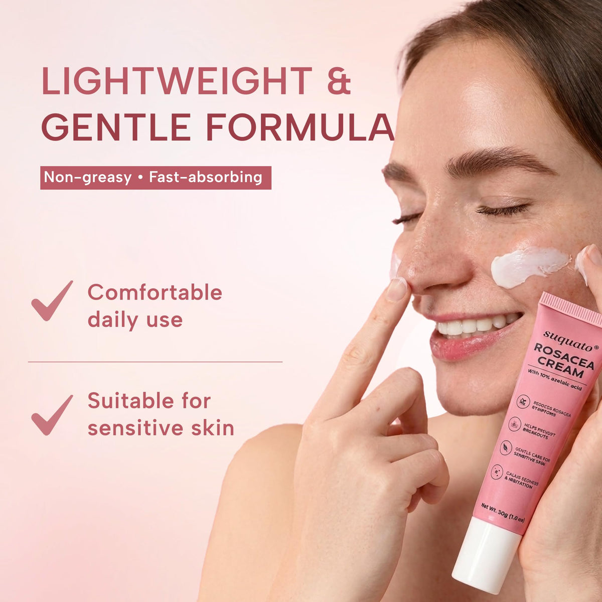 suquato applying cream to cheek, reduces redness and smooths skin