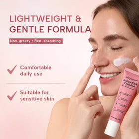 suquato applying cream to cheek, reduces redness and smooths skin