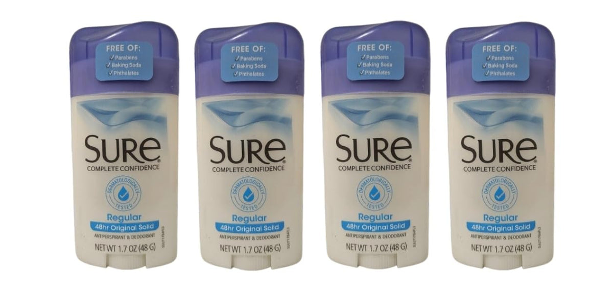 Sure front packaging pack of four sticks showing size and scent benefits