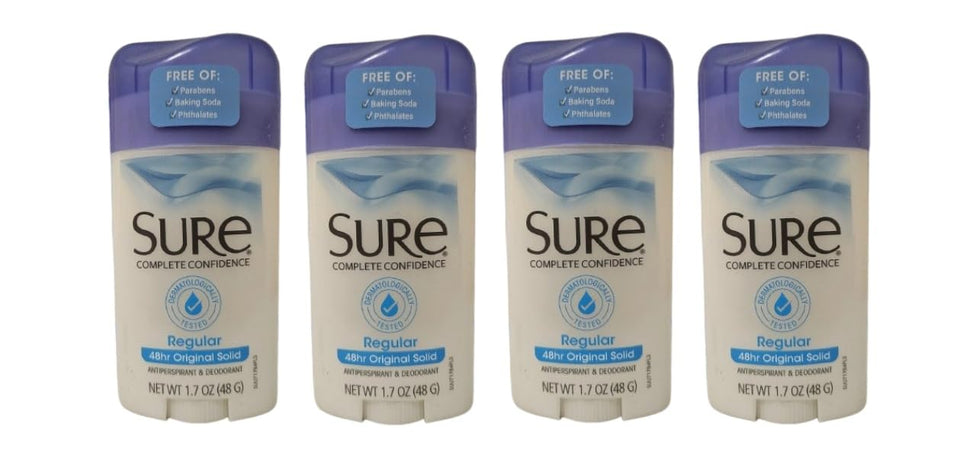 Sure front packaging pack of four sticks showing size and scent benefits