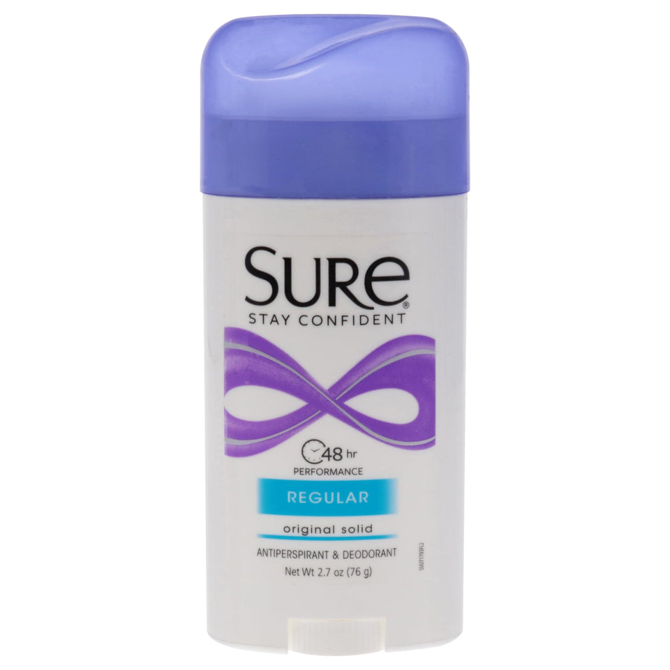 Sure front packaging showing 2.7 oz regular original solid and clear protection