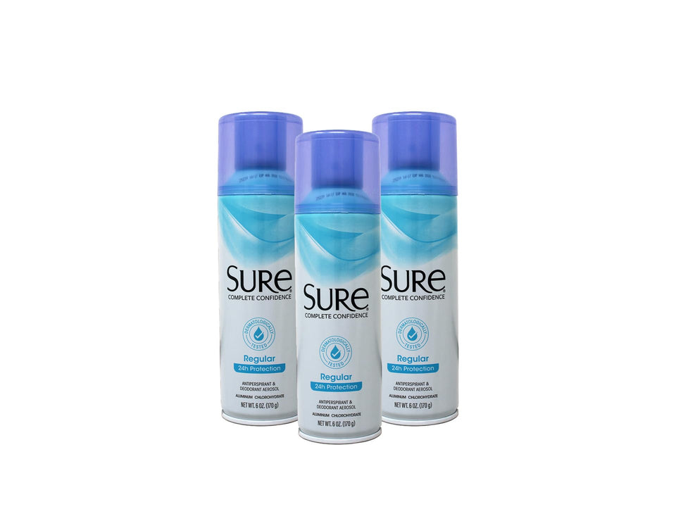 Sure front packaging showing 6 oz aerosol cans and regular scent benefit