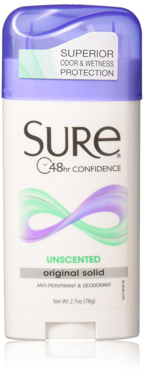 Sure solid unscented front packaging showing three sticks for reliable protection
