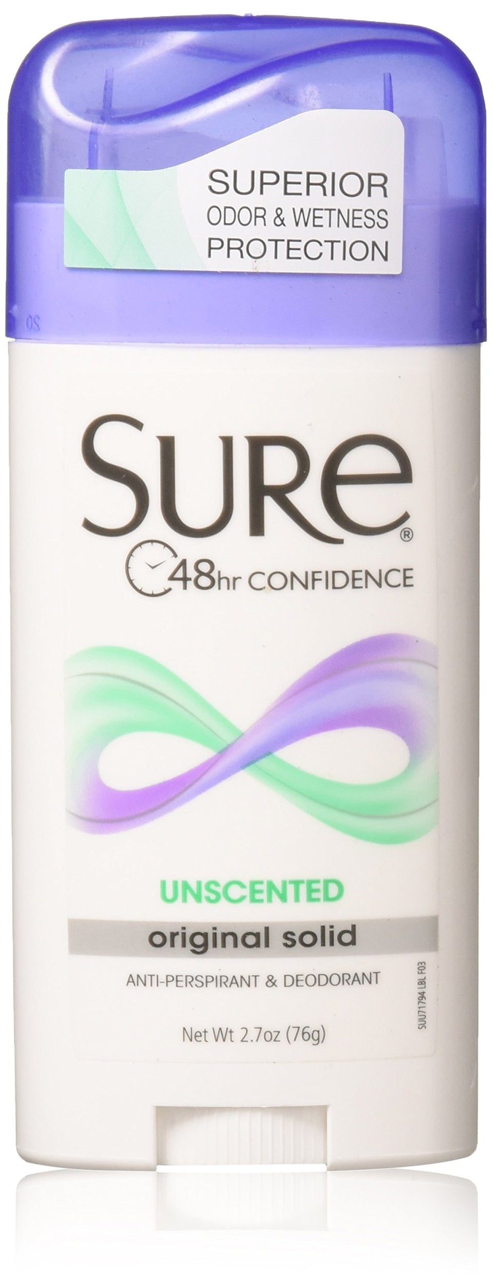 Sure solid unscented front packaging showing three sticks for reliable protection