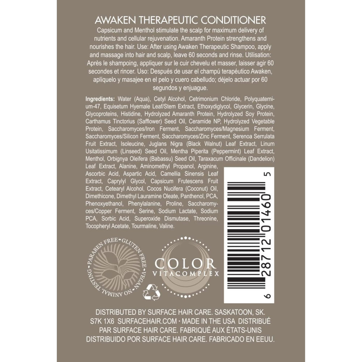 SURFACE back label close-up listing ingredients and usage benefits