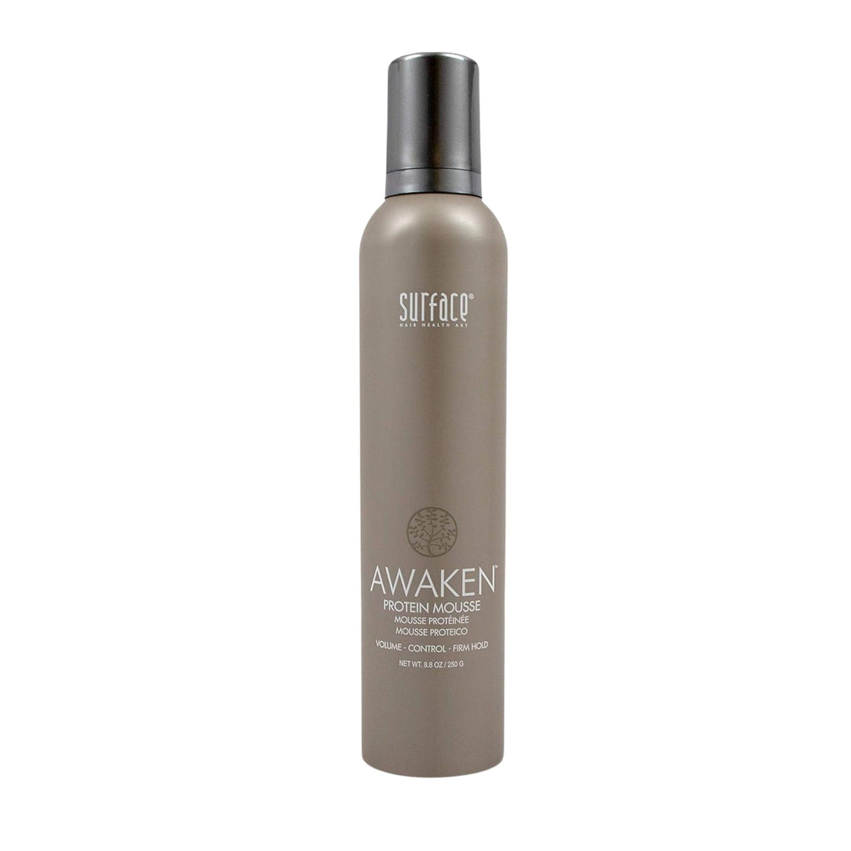 Surface Awaken Mousse front bottle view showing product benefit of volume
