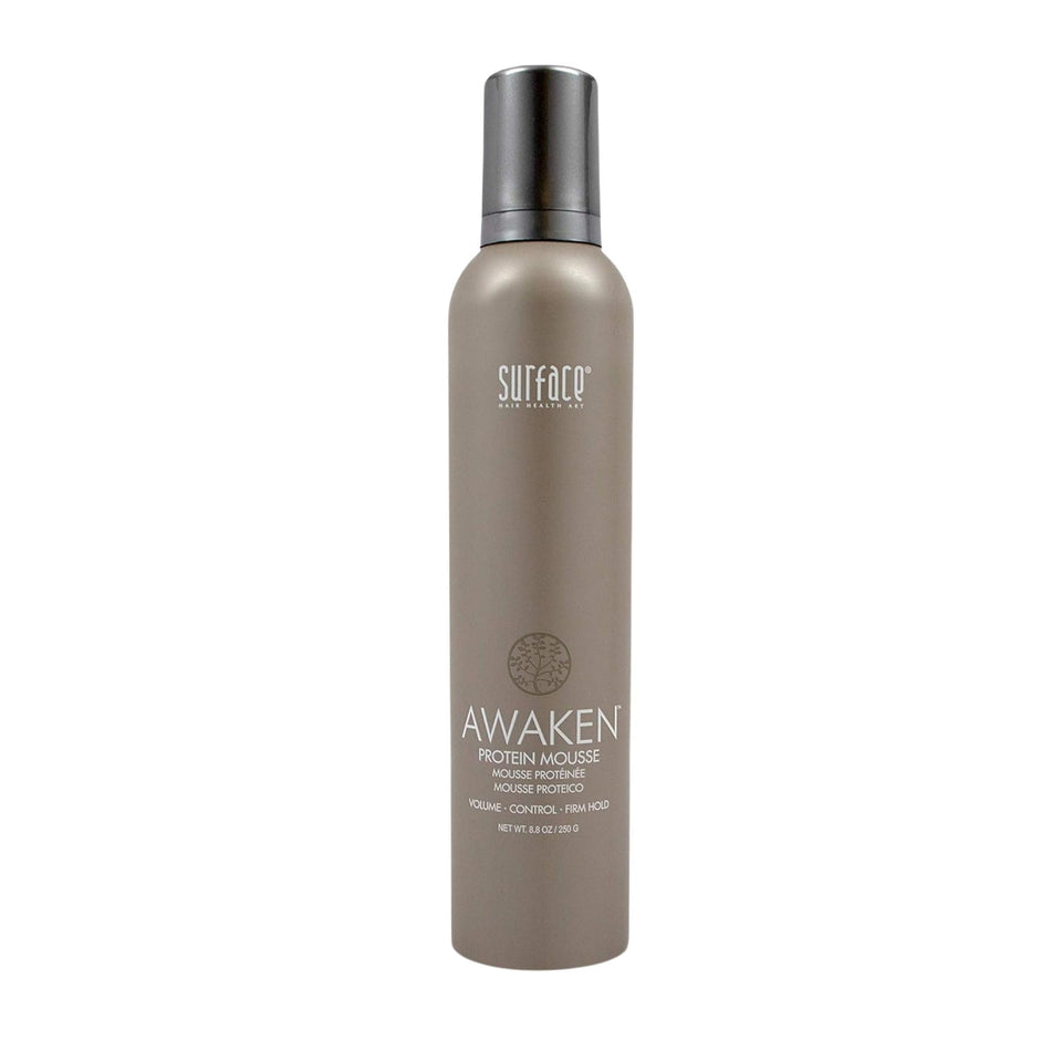 Surface Awaken Mousse front bottle view showing product benefit of volume