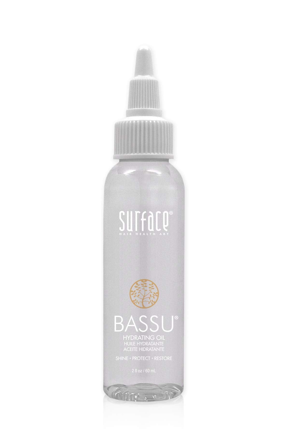 SURFACE Bassu Hydrating Oil front bottle view showing sleek packaging and 2 fl oz size for lightweight shine