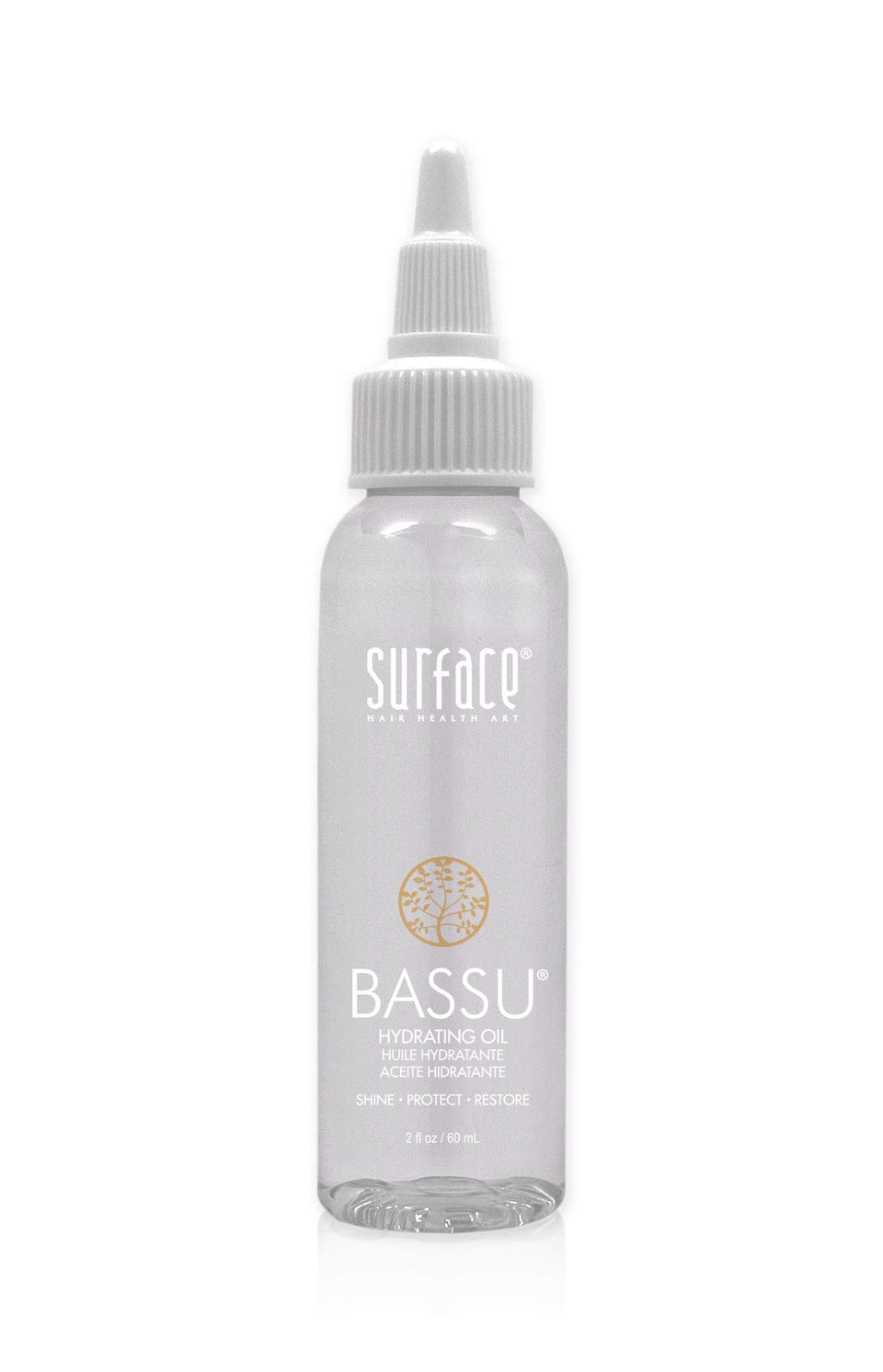 SURFACE Bassu Hydrating Oil front bottle view showing sleek packaging and 2 fl oz size for lightweight shine