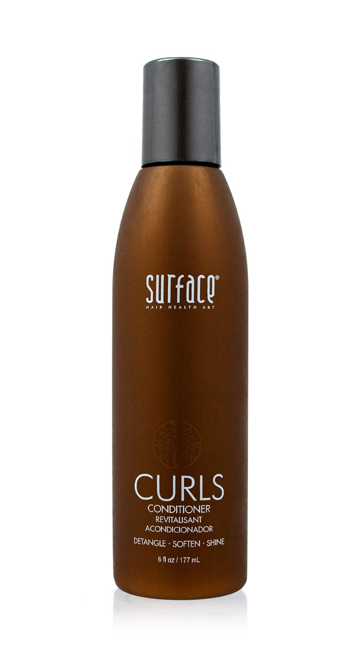 Surface bottle front packaging showing label and benefits for defined curls