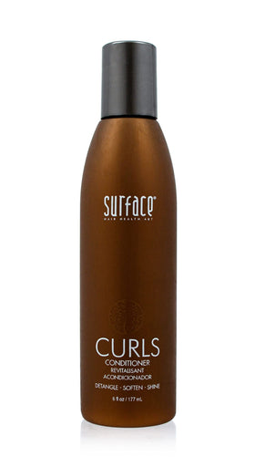 Surface bottle front packaging showing label and benefits for defined curls
