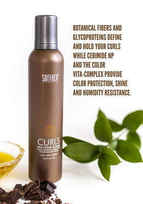 SURFACE Curls Firm Mousse dispensed in palm showing easy application benefit