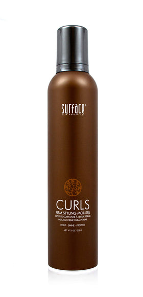 SURFACE Curls Firm Mousse front bottle view showing label and size benefit
