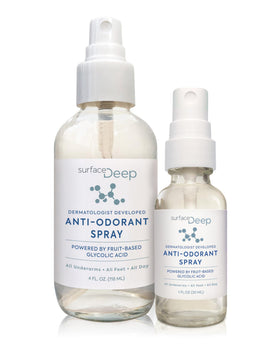 Surface Deep glass bottle detail highlighting recyclable packaging and eco benefit