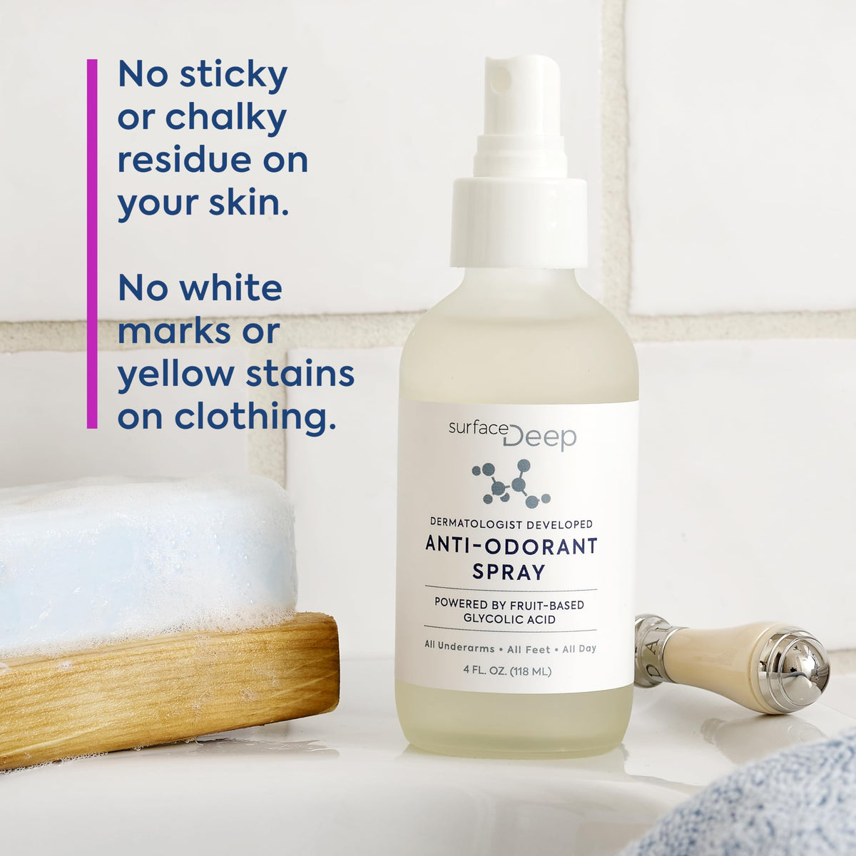 Surface Deep underarm application showing saturated spray for immediate odor neutrality benefit